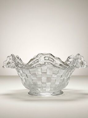Fenton Clear Glass Basketweave Open Edge Ruffled Candy Dish Bowl Vintage
